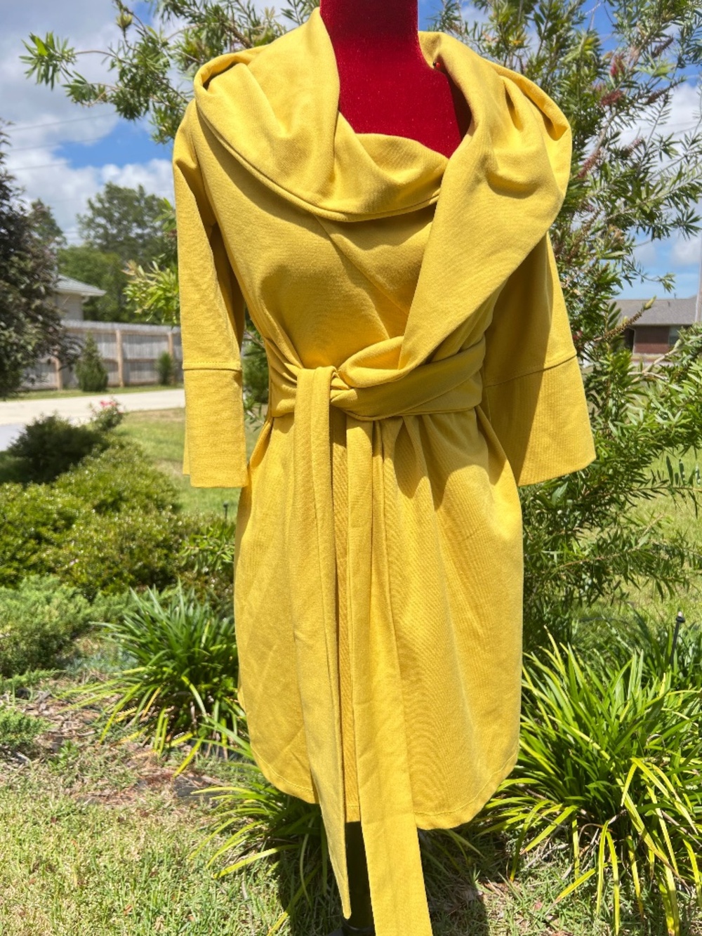 NWT Mustard Yellow Hooded Wrap Dress Belted Cowl Neck Size M